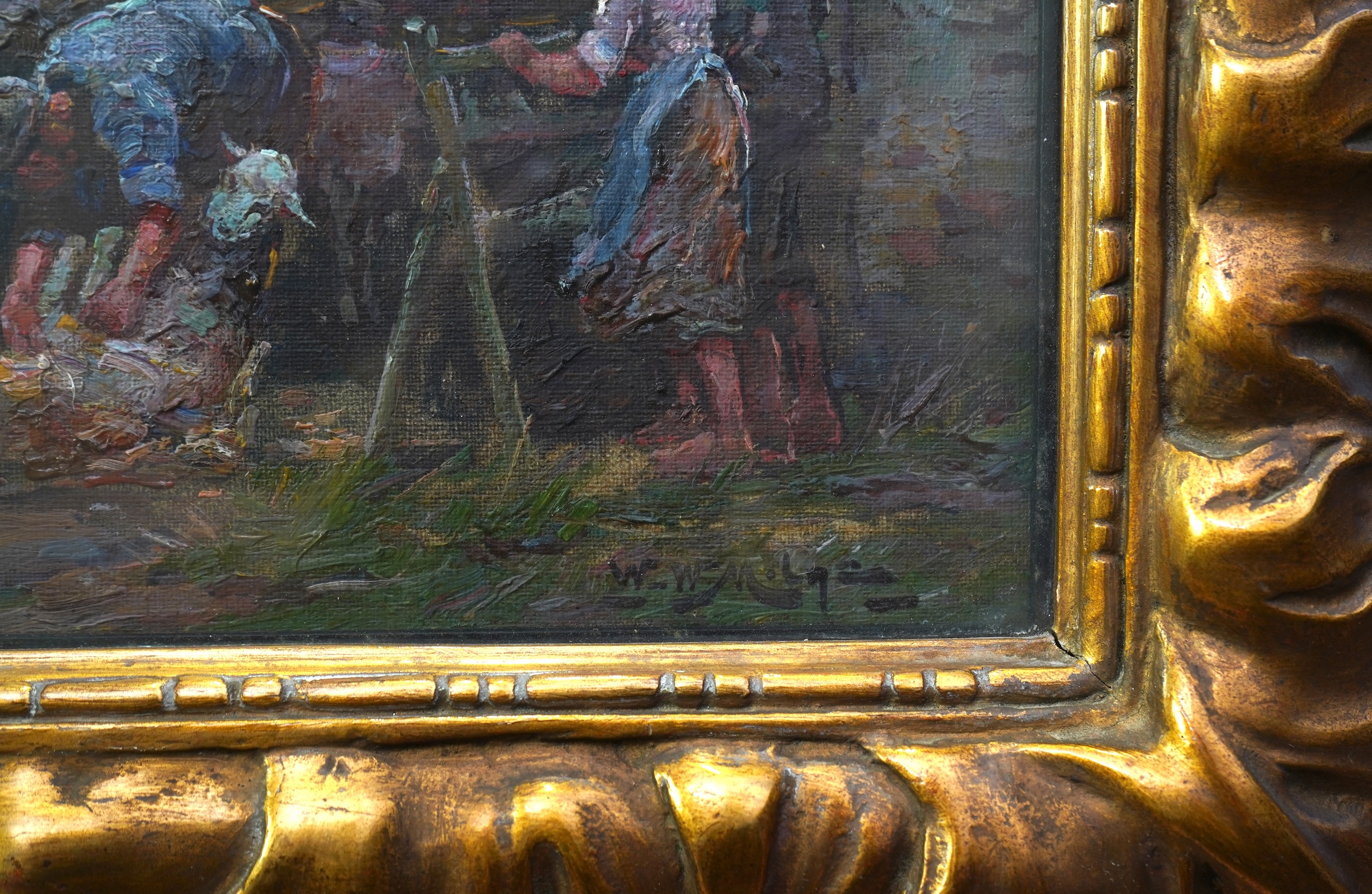 William Watt Milne, 1865-1951, Sheep shearing in a farmyard